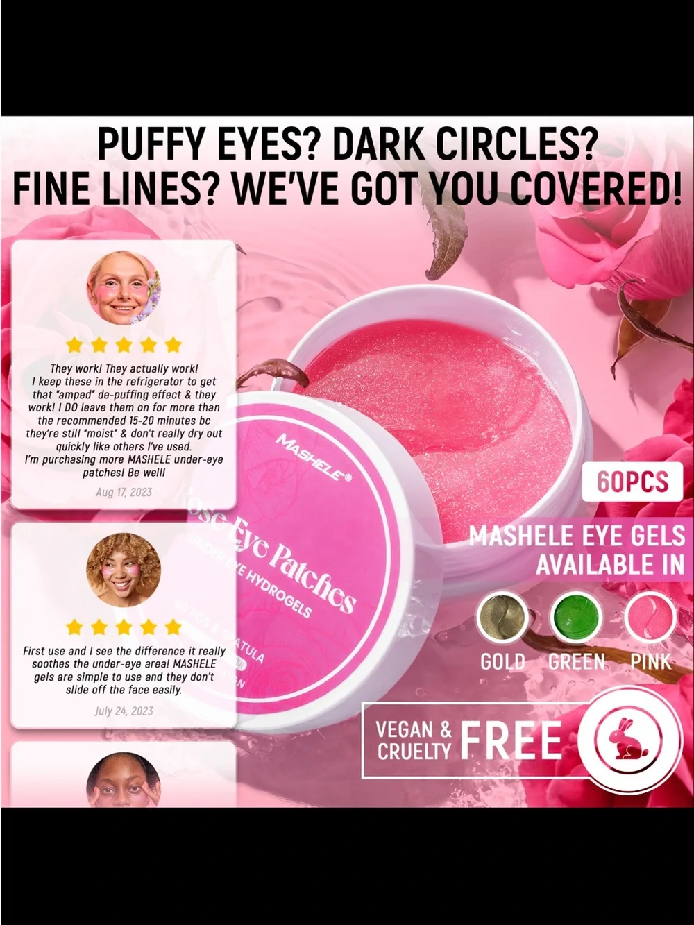 New 60 pcs Mashele Rose Eye Patches - Pink Hydrogel Under-Eye Patches Masks